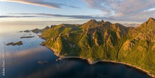 Mountains by the fjord in the evening, coast near Nyksund, Langoya Island, Vesteralen, Northern Norway, Norway, Europe