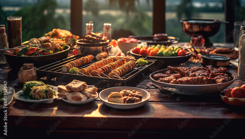 Delightful culinary presentation on wooden dining table with delicious skewers sizzling on the grill. Created with Generative AI technology