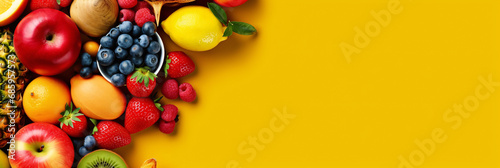 Tropical fruits presentation on vibrant yellow background. Including apple, kiwi, berries, lemon, pineapples, oranges and mangos. Created with Generative AI technology