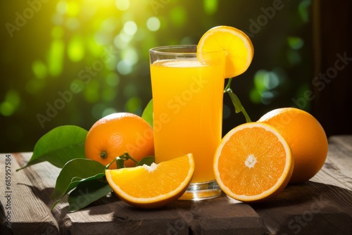 A rustic wooden table hosts a glass of invigorating orange juice, garnished with a slice, under the soft morning sunlight