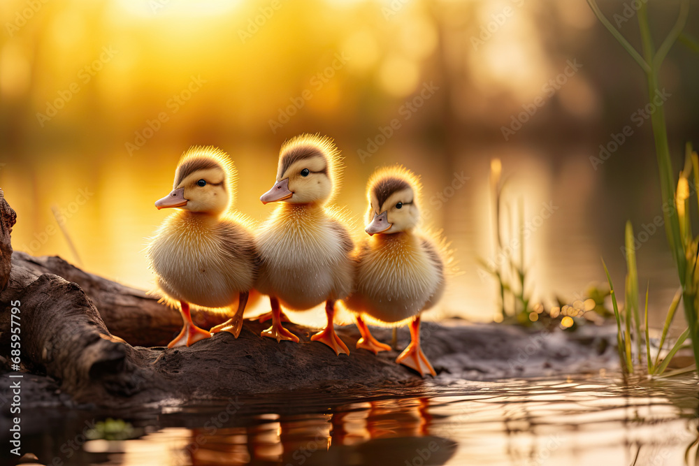 ducklings standing together near water with lens flare at sunset ducklings standing together near water with lens flare at sunset
