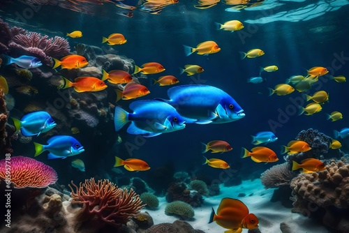 coral reef in the sea with different colored fishes