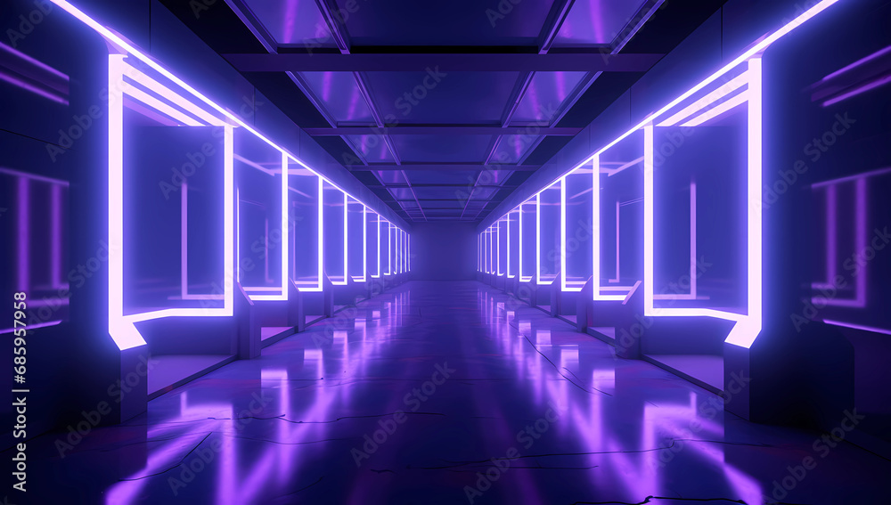 A dark and colorful neon lit corridor