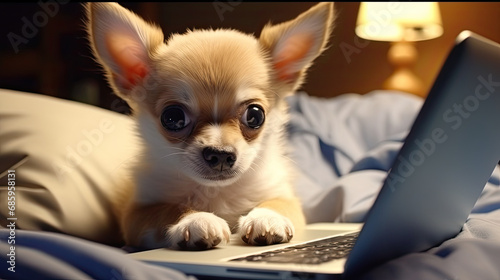 chihuahua puppy using a laptop on the bed