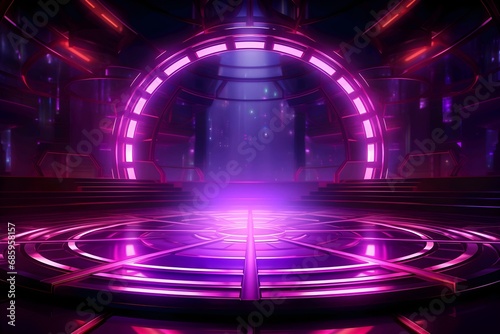 Futuristic neon-lit stage with glowing purple circle patterns, conveying a sci-fi space station interior.
