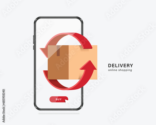 red arrow rotates around parcel box or cardboard box to signify that parcel box is being returned to sender and all appear smartphone front