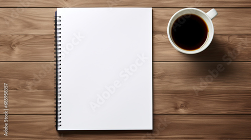 top view blank notebook and coffee with pen on wooden table. business concept