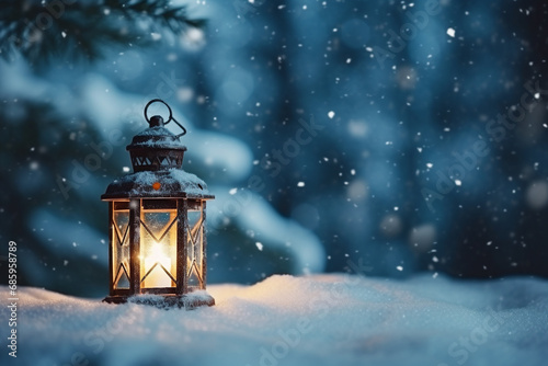 Illuminated Christmas lantern on snow, with light snowfall and fir trees, blurred background with bokeh, evening scene, Christmas Holidays illustration © Minithalie