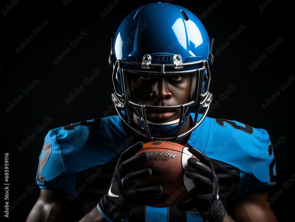 American football player in jersey and helmet holding ball against black background