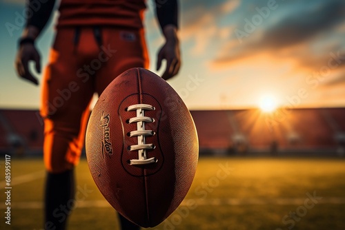 American football quarterback holding a ball while standing on a field photo