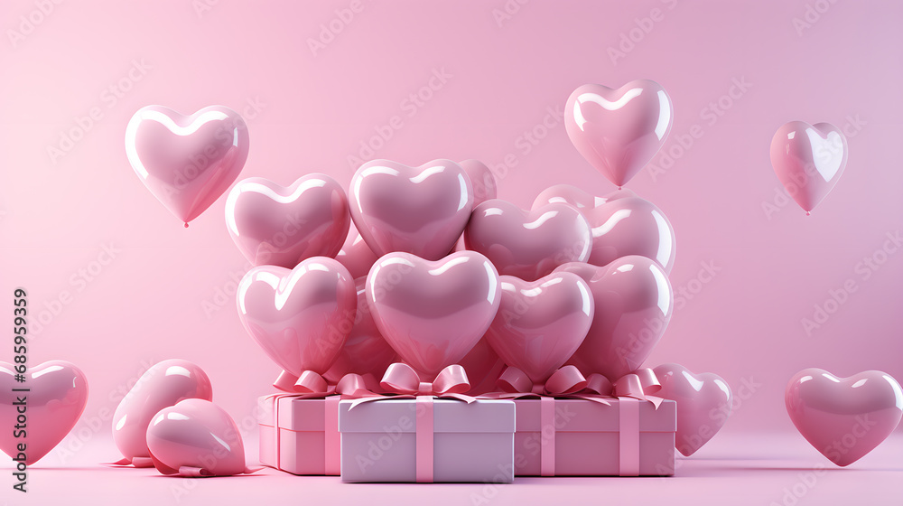 Background of Pink balloons flying with pink gift boxes with bows and ribbon, with copy space. E-commerce. Mother's Day and Valentine's concept. Romantic background.