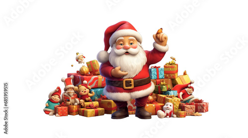 Closeup of santa claus with christmas gifts, isolated on transparent background, Generative ai