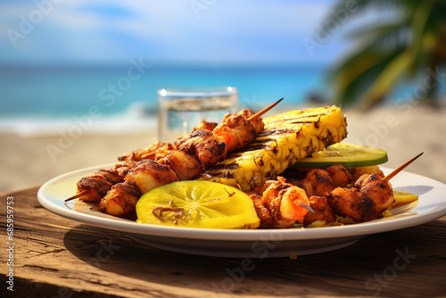 A beachfront grill offering a jerk chicken skewers with pineapple photo