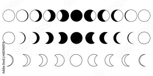 Moon phase. Stages of the full moon. Lunar cycle black icons set. Vector illustration. EPS 10. photo