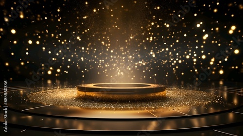 Elegant stage with golden sparkling lights and glitter, perfect for award ceremonies and grand events. photo