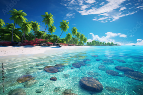 Discover your piece of heaven on this tropical beach, where palm trees and clear waters provide the ultimate getaway. AI Generative destination.