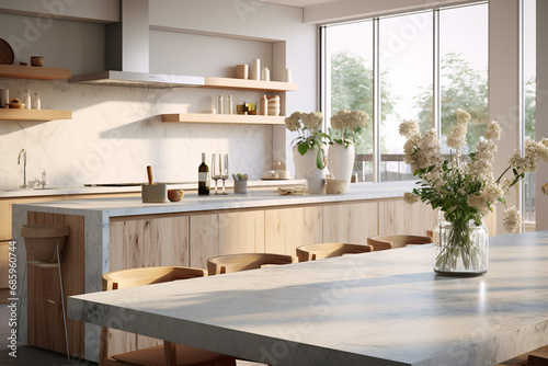 Scandinavian-style kitchen interior, wooden table top, blurred backdrop. AI Generative living.