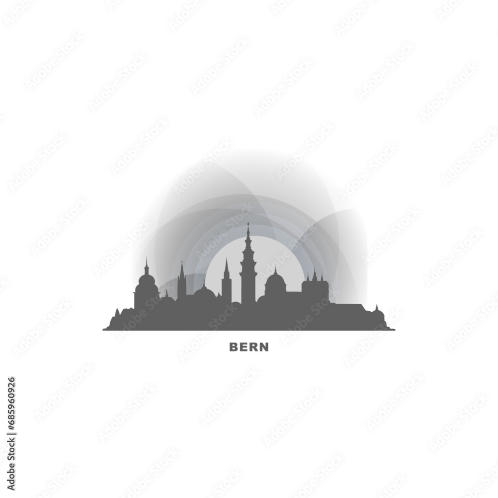 Bern cityscape skyline city panorama vector flat logo, modern icon. Switzerland emblem idea with landmarks and building silhouettes, isolated clipart at sunset, sunrise, night
