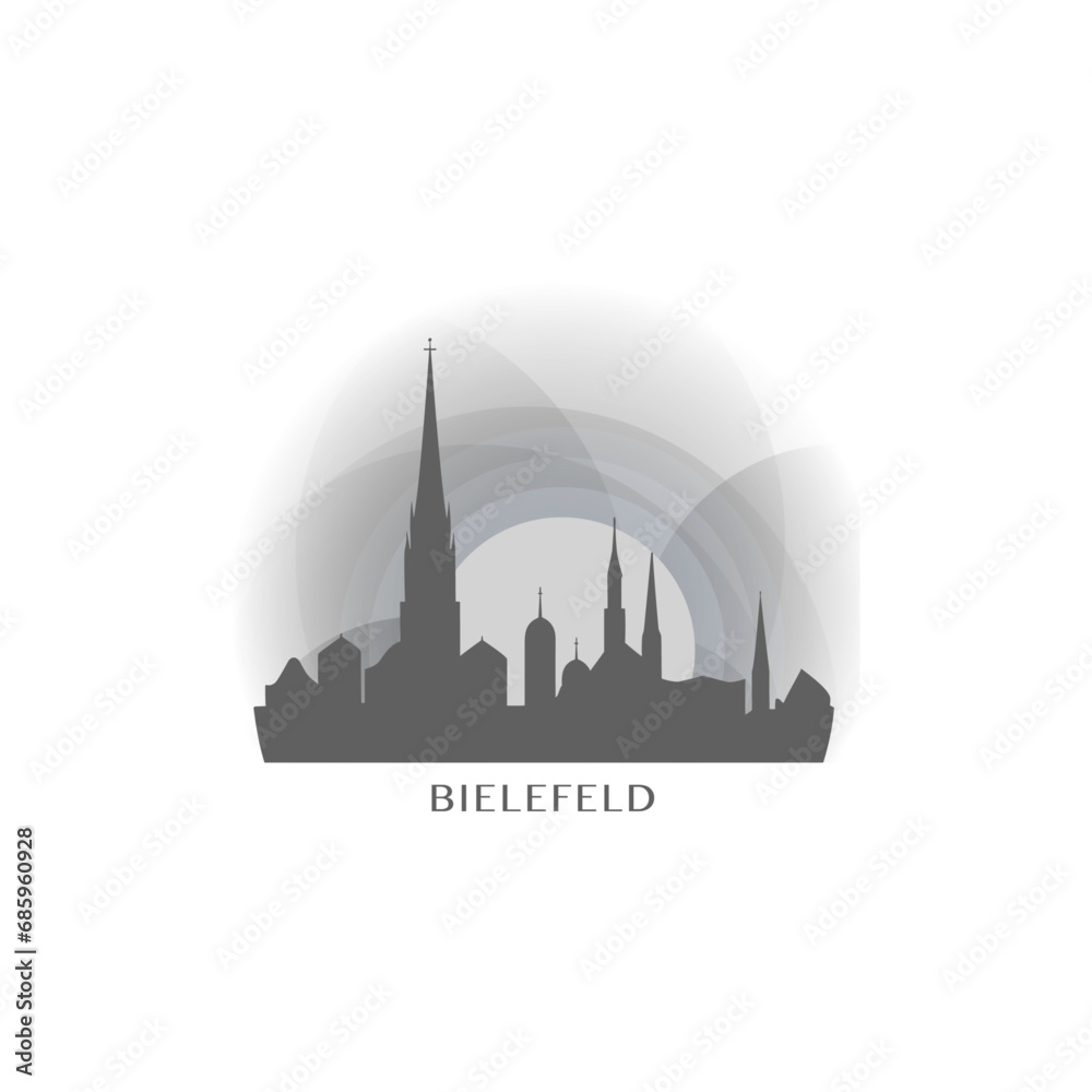 Bielefeld cityscape skyline city panorama vector flat logo, modern icon. Germany emblem idea with landmarks and building silhouettes, isolated clipart at sunset, sunrise, night