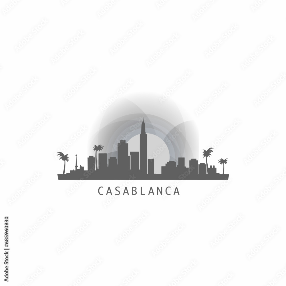 Casablanca cityscape skyline city panorama vector flat logo, modern icon. Morocco emblem idea with landmarks and building silhouettes, isolated clipart at sunset, sunrise, night