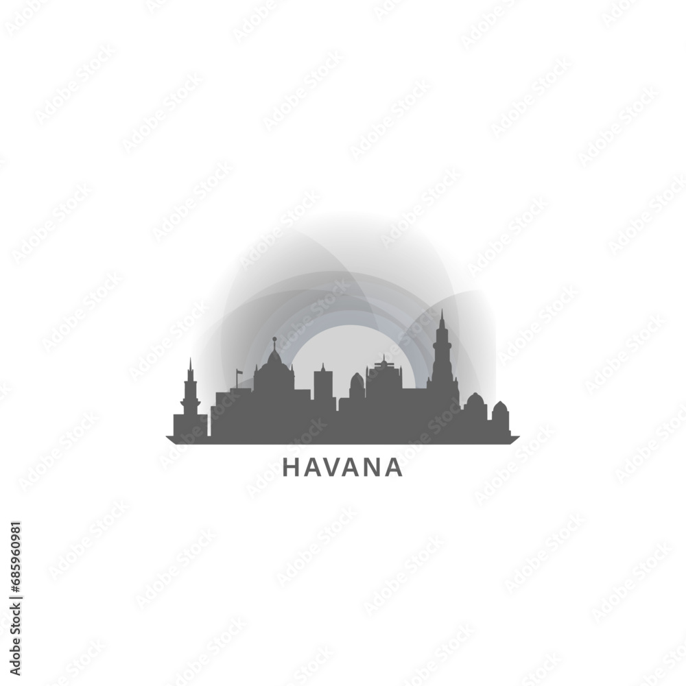 Havana Cuba cityscape skyline city panorama vector flat modern logo icon. South America emblem idea with landmarks and building silhouettes, isolated grey and white clipart at sunset, sunrise, night