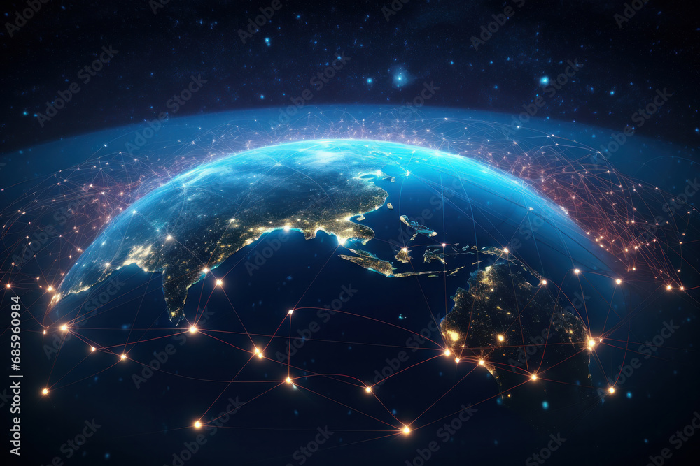 Obraz premium Illustration of connection lines encircling Earth's surface, forming a network. The futuristic globe is AI Generative.