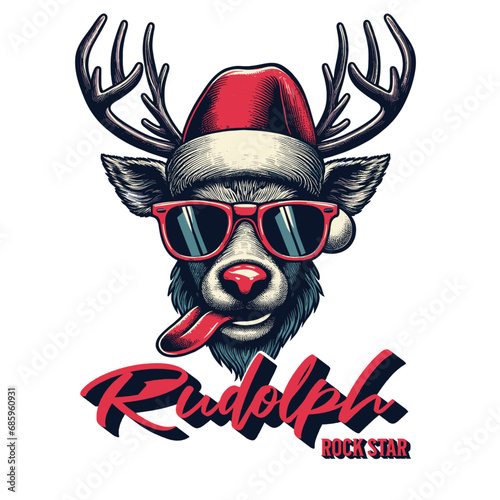 Bild auf Leinwand Print Design christmas Rudolph rock star with sunglasses holiday fun