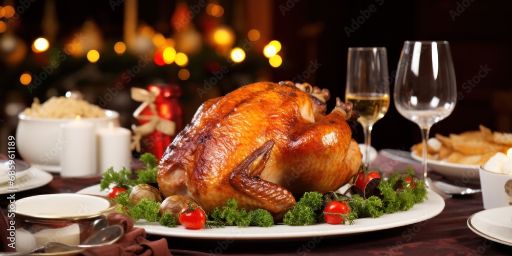 Christmas dinner with decorations on a table and tablecloth, generative AI Christmas dinner with decorations on a table and tablecloth, generative AI