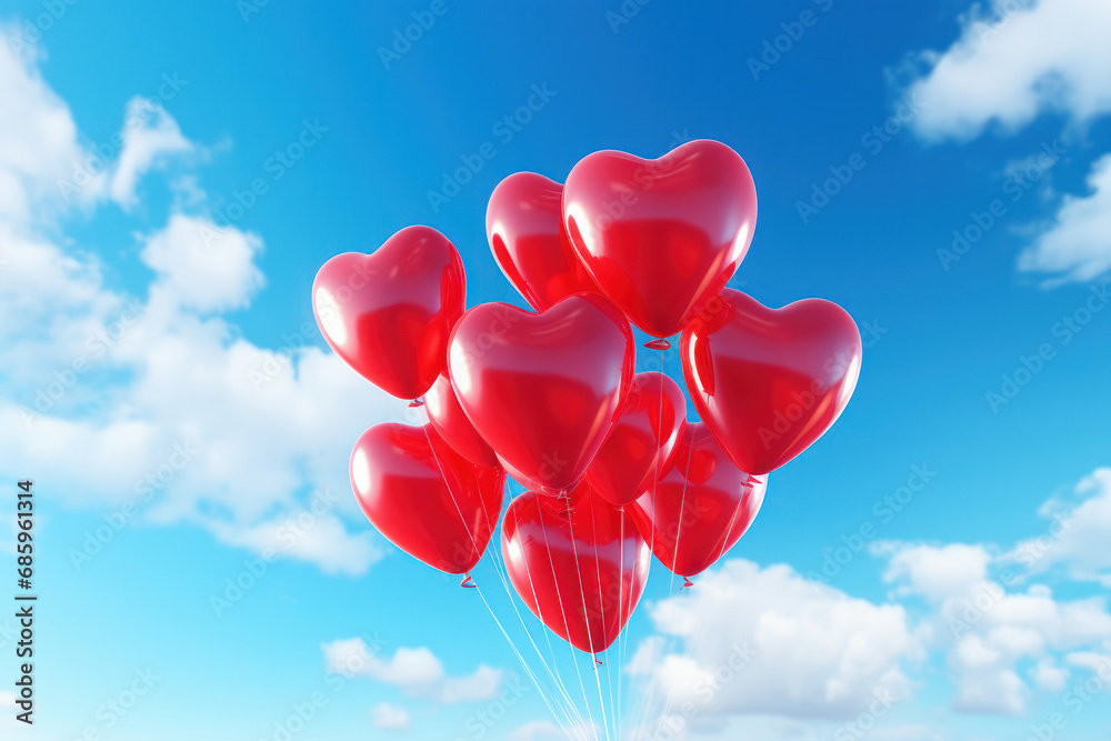 Bright and colorful heart balloons float in the sky, perfect for Valentine's Day and love-themed events. AI Generative.