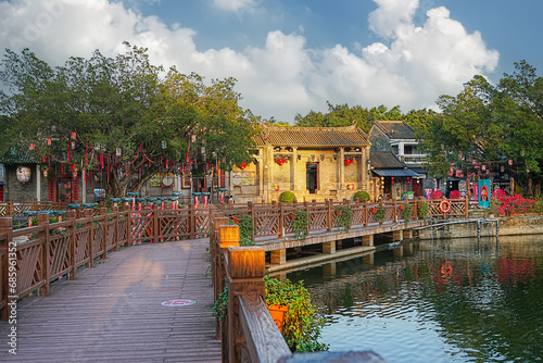 Guangzhou city, Guangdong Province, China. Lingnan Impression Garden integrates sightseeing, leisure, entertainment, accommodation and experiencing Lingnan local and folk customs. 