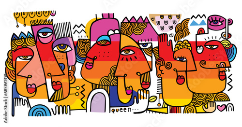 Group of abstract face portrait hand drawn line, doodle vector illustration art print.