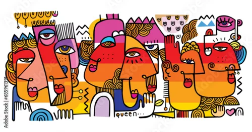 Panel kuchenny z motywem Group of abstract face portrait hand drawn line, doodle vector illustration art print.