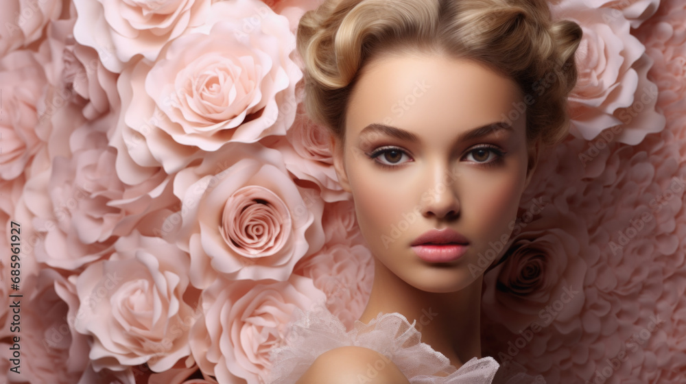Studio portrait of a blond female fashion model standing in front of a backdrop of pink roses. 
