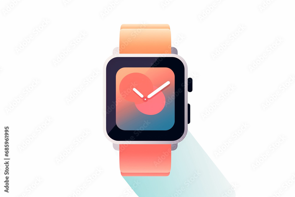 The vibrant graphic flat vector and illustration of a modern smart watch with round or square style isolated on a simple background. Generative AI. The vibrant graphic flat vector and illustration of a modern smart watch with round or square style isolated on a simple background. Generative AI.