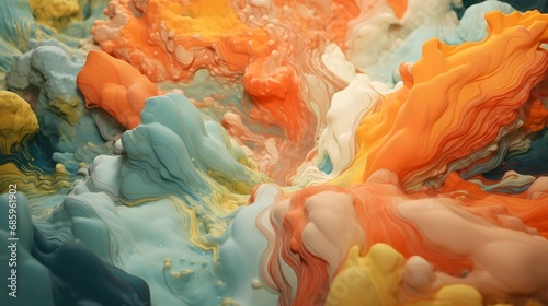 Abstract colorful background with swirling patterns in orange, blue, and white, resembling marbled art or fluid painting.