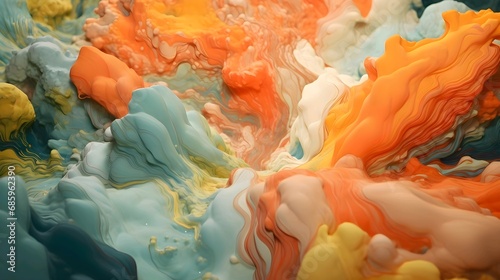 Abstract colorful background with flowing paint in orange, pink, and blue hues, resembling soft clouds or waves.