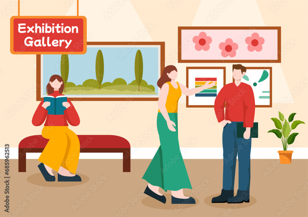 Exhibition Visitors Viewing a Gallery with Modern Abstract Painting at Contemporary in Exposition Hall in Flat Cartoon Background Vector Illustration Exhibition Visitors Viewing a Gallery with Modern Abstract Painting at Contemporary in Exposition Hall in Flat Cartoon Background Vector Illustration