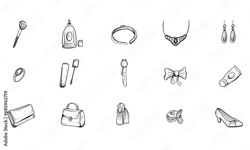women accessories and cosmetics handdrawn collection women accessories and cosmetics handdrawn collection