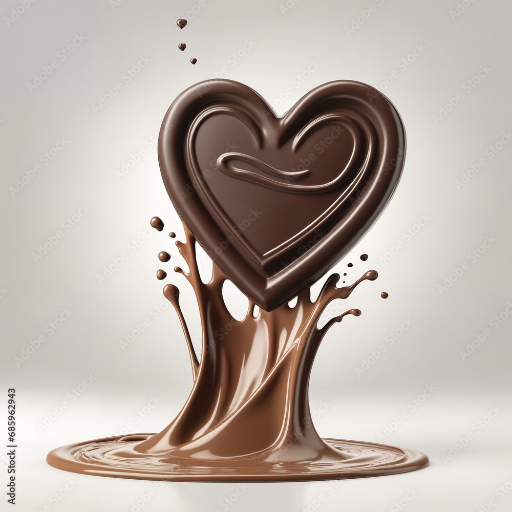 3D render of an isolated heart shaped Chocolate truffle with impactful Splash and chocolate drops and ripple cocoa powder and nuts and milk flow ice cream