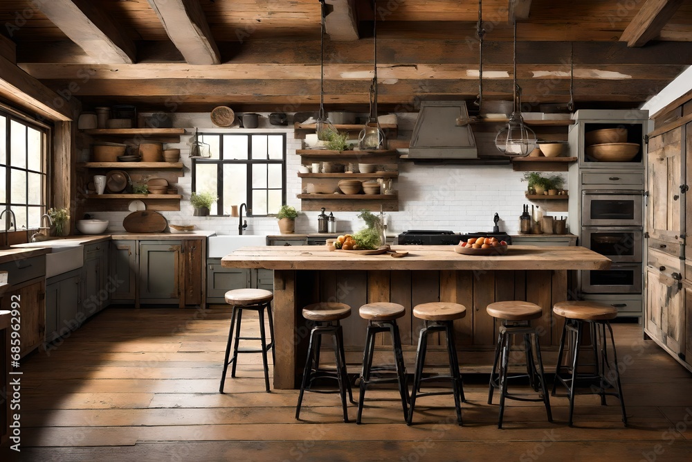  a rustic kitchen with vintage charm, showcasing distressed finishes, reclaimed materials, and classic design elements.