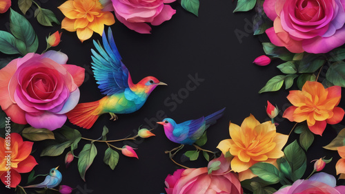 space for text black background surrounded by rainbow flowers and leaves and bird