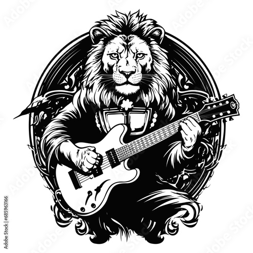 Lion playing electric guitar, funny t-shirt design, vector illustration.