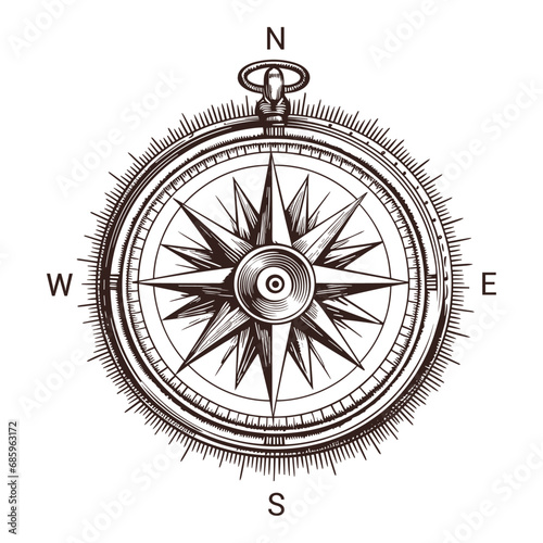 Compass with North, South, East and West indicated, vector illustration.