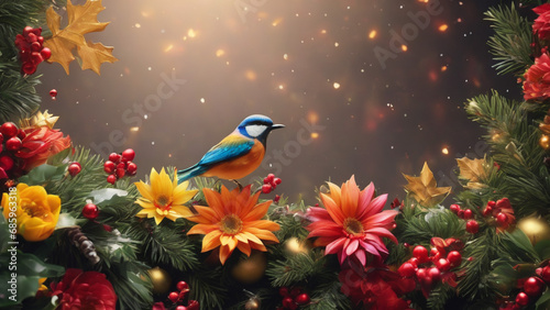 small bird on gerbera flowers dreamy theme background