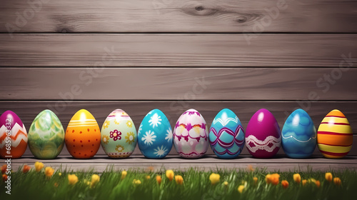 easter background - colorful painted easter eggs in a row in front of a wooden backgound