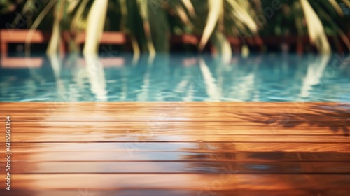 Empty wooden table space in front of swimming pool and palm tree with blurred background