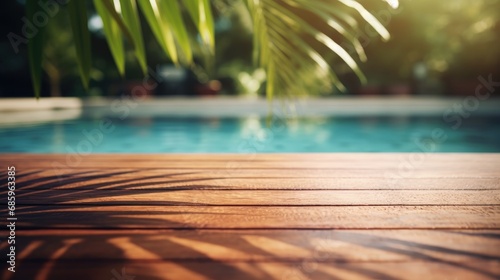 Empty wooden table space in front of swimming pool and palm tree with blurred background © AkhmadThamrin74