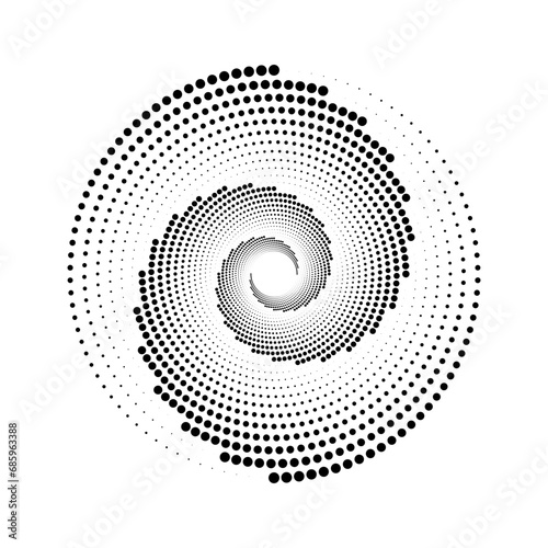 Dotted spiral lines element. Radial spinning halftone texture. Circle swirl dots shape. Abstract geometric background for poster, banner, logo, icon, collage, tattoo, tag, emblem. Vector illustration