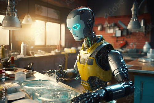 Modern artificial intelligence female robot, designed as human in apron is washing dishes, vegetables, standing behind sink in clean kitchen with warm morning sunlight. Generative AI. photo