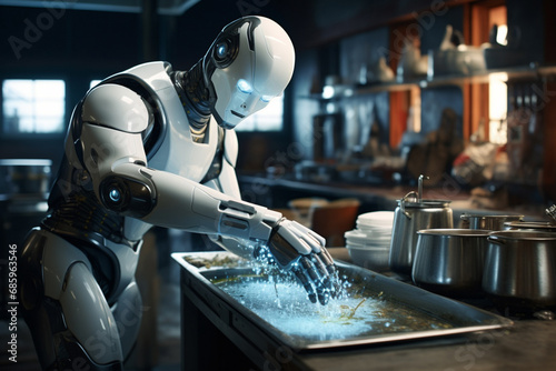 Modern artificial intelligence female robot, designed as human in apron is washing dishes, vegetables, standing behind sink in clean kitchen with warm morning sunlight. Generative AI. photo